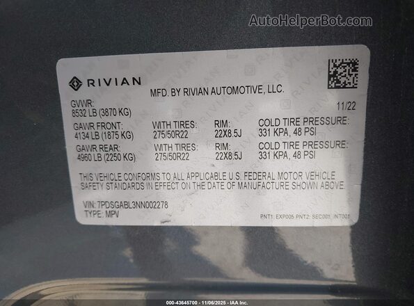 7PDSGABL3NN002278 2022 RIVIAN R1S Серый Вид подкапотного пространства