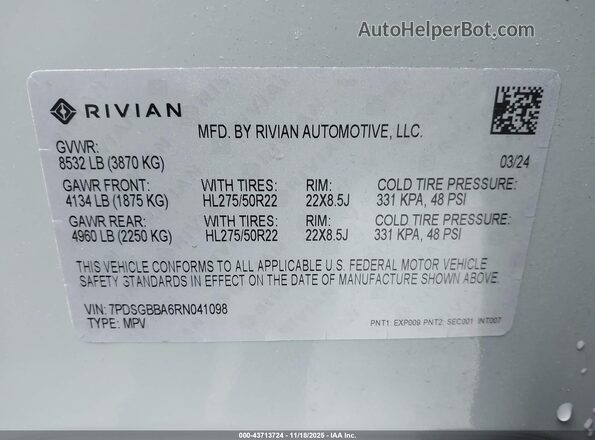 7PDSGBBA6RN041098 2024 RIVIAN R1S Gray ძრავის განყოფილების ხედი