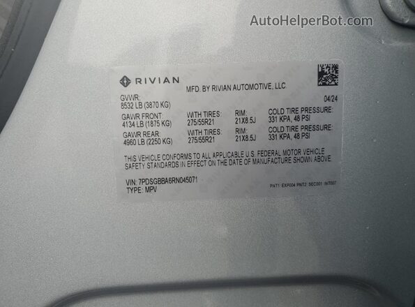 7PDSGBBA6RN045071 2024 RIVIAN R1S Silver VIN კოდის სტიკერის ხედი