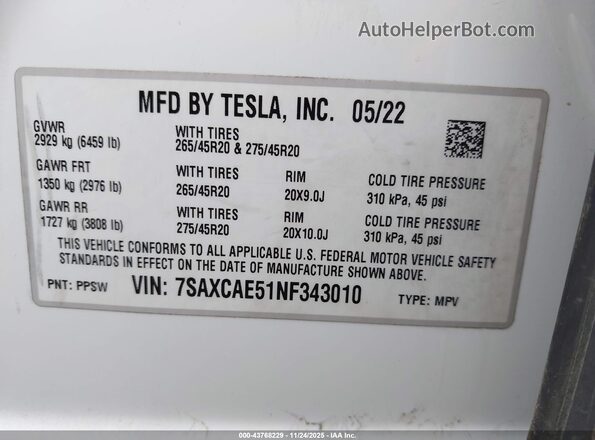 7SAXCAE51NF343010 2022 TESLA MODEL X Белый Вид подкапотного пространства
