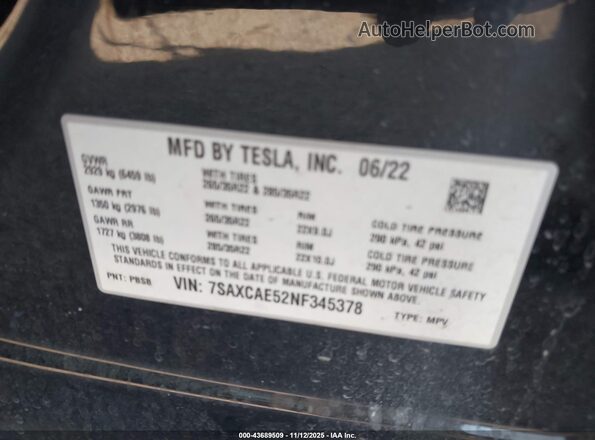 7SAXCAE52NF345378 2022 TESLA MODEL X Black Widok komory silnika