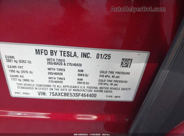 7SAXCBE53SF464400 2025 TESLA MODEL X Red Вид підкапотного простору