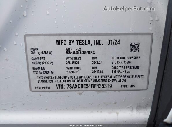 7SAXCBE54RF435319 2024 TESLA MODEL X White Շարժիչի բաժամունքի տեսք