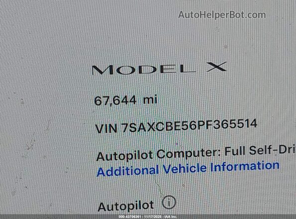 7SAXCBE56PF365514 2023 TESLA MODEL X White Widok wnętrza 360 stopni