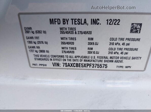7SAXCBE5XPF375575 2023 TESLA MODEL X White Շարժիչի բաժամունքի տեսք