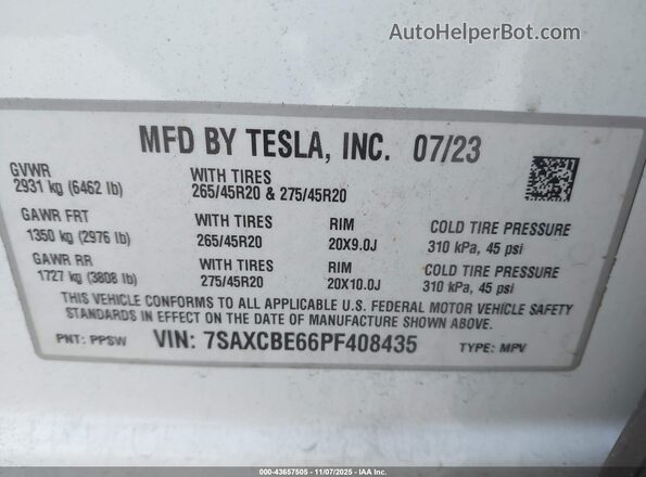 7SAXCBE66PF408435 2023 TESLA MODEL X White 