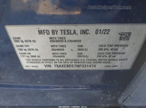 7SAXCBE67NF331474 2022 TESLA MODEL X Blue Vista del compartimento del motor