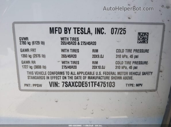 7SAXCDE51TF475103 2026 TESLA MODEL X White ძრავის განყოფილების ხედი