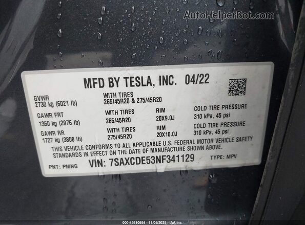 7SAXCDE53NF341129 2022 TESLA MODEL X Gray Engine compartment view