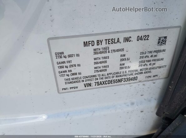 7SAXCDE55NF339480 2022 TESLA MODEL X White Вид підкапотного простору