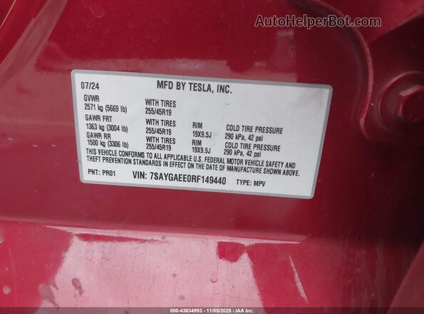 7SAYGAEE0RF149440 2024 TESLA MODEL Y Красный Вид подкапотного пространства