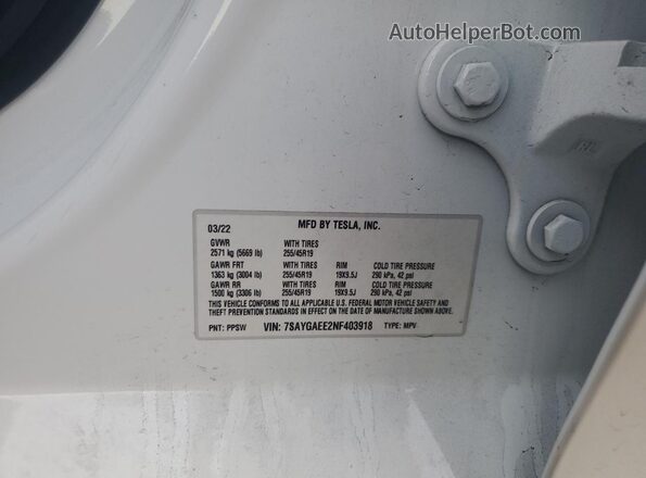 7SAYGAEE2NF403918 2022 TESLA MODEL White 