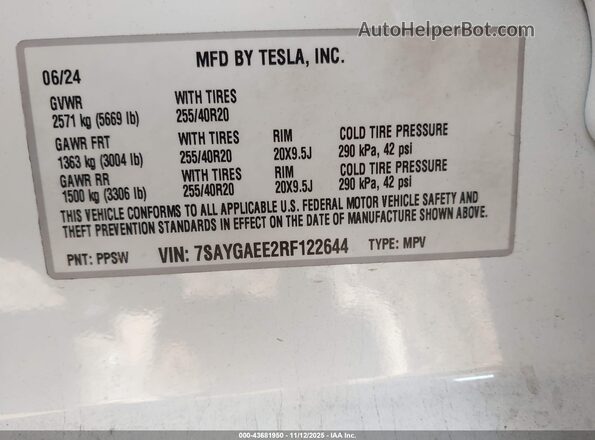 7SAYGAEE2RF122644 2024 TESLA MODEL Y White Вид підкапотного простору