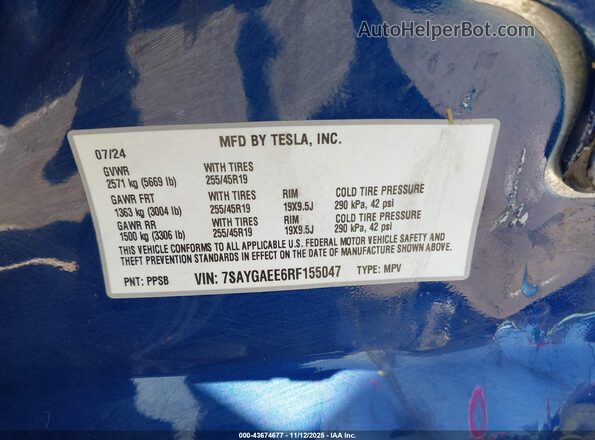7SAYGAEE6RF155047 2024 TESLA MODEL Y Blue Շարժիչի բաժամունքի տեսք
