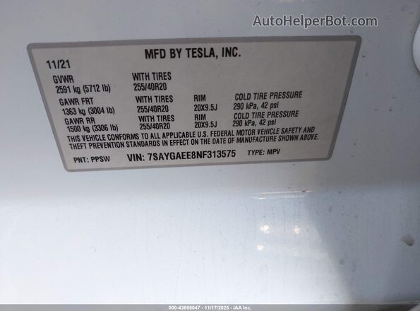 7SAYGAEE8NF313575 2022 TESLA MODEL Y White ძრავის განყოფილების ხედი