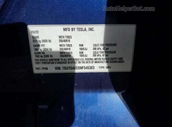 7SAYGAEE8NF545383 2022 TESLA MODEL Blue ძრავის განყოფილების ხედი
