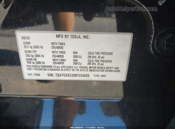 7SAYGAEEXNF534689 2022 TESLA MODEL Y Black Вид підкапотного простору