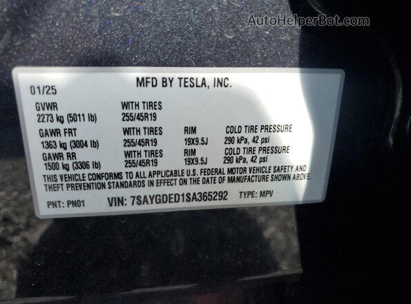 7SAYGDED1SA365292 2025 TESLA MODEL Charcoal VIN կոդի պիտակի տեսք