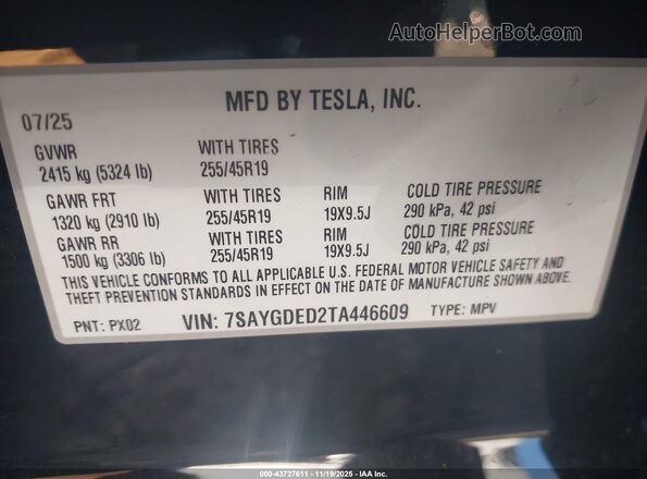 7SAYGDED2TA446609 2026 TESLA MODEL Y Черный Вид подкапотного пространства