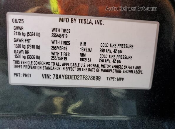 7SAYGDED2TF378699 2026 TESLA MODEL Gray Vista de la etiqueta del VIN