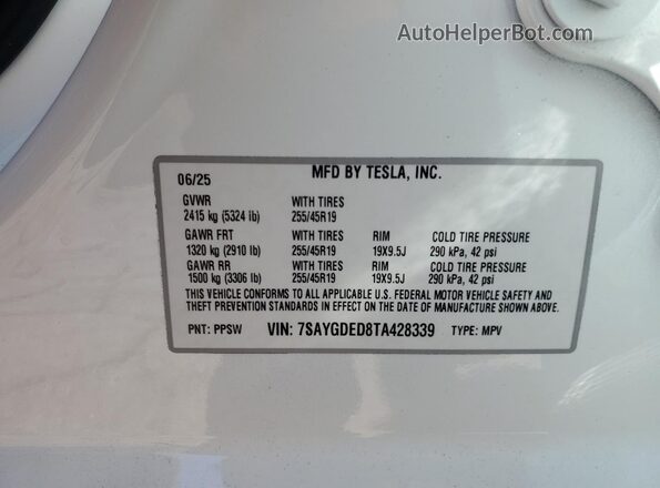 7SAYGDED8TA428339 2026 TESLA MODEL White VIN კოდის სტიკერის ხედი