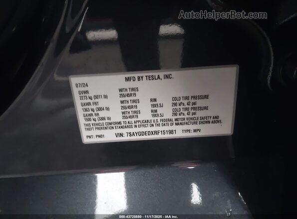 7SAYGDEDXRF151981 2024 TESLA MODEL Y Black Вид підкапотного простору