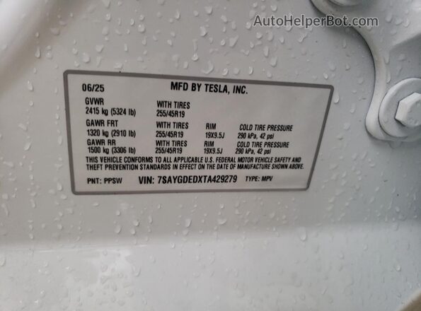 7SAYGDEDXTA429279 2026 TESLA MODEL White Widok naklejki z numerem VIN