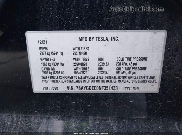 7SAYGDEE0NF351433 2022 TESLA MODEL 3 Black ძრავის განყოფილების ხედი