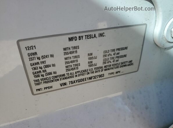 7SAYGDEE1NF327903 2022 TESLA MODEL Белый Вид наклейки с VIN-кодом