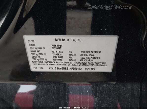 7SAYGDEE1NF356432 2022 TESLA MODEL Y Black 