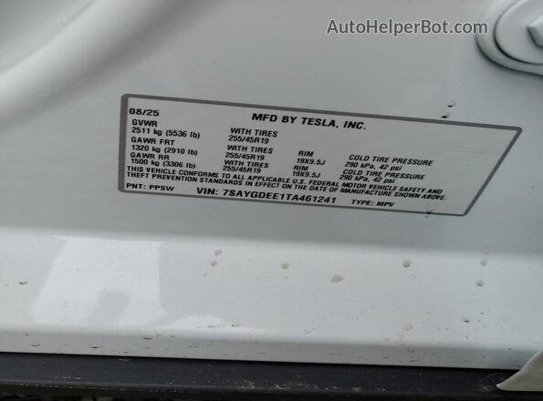 7SAYGDEE1TA461241 2026 TESLA MODEL Белый 