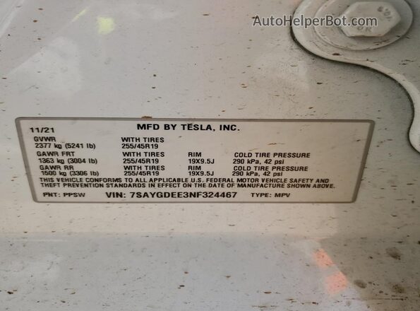 7SAYGDEE3NF324467 2022 TESLA MODEL White VIN sticker view
