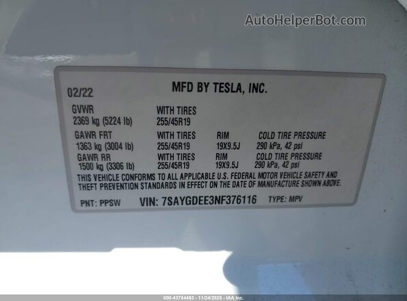 7SAYGDEE3NF376116 2022 TESLA MODEL Y White ძრავის განყოფილების ხედი