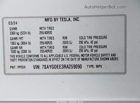 7SAYGDEE3RA259090 2024 TESLA MODEL Y White Շարժիչի բաժամունքի տեսք