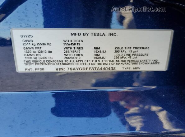 7SAYGDEE3TA440438 2026 TESLA MODEL Blue Vista interior de 360 grados
