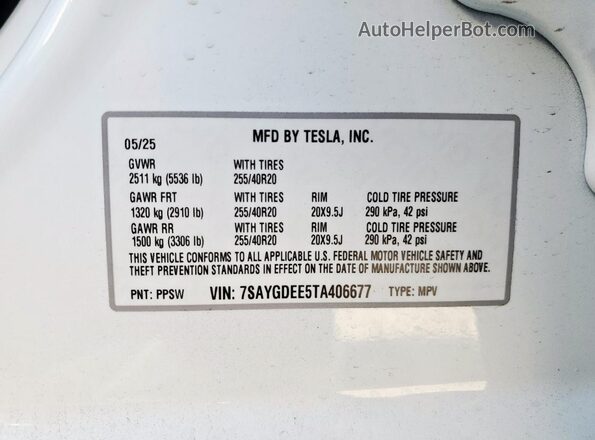 7SAYGDEE5TA406677 2026 TESLA MODEL White 