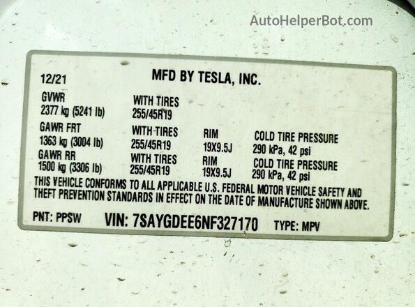 7SAYGDEE6NF327170 2022 TESLA MODEL Белый Вид наклейки с VIN-кодом