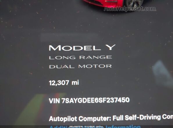 7SAYGDEE6SF237450 2025 TESLA MODEL Y Красный 