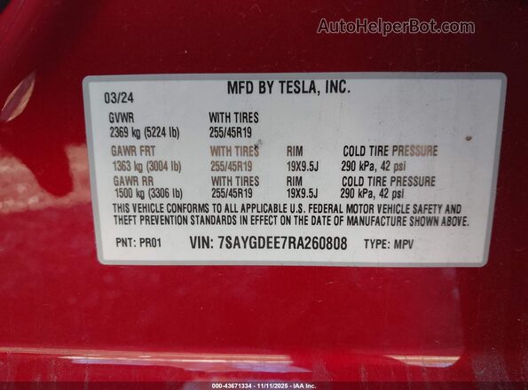 7SAYGDEE7RA260808 2024 TESLA MODEL Y Red Engine compartment view