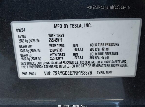 7SAYGDEE7RF198376 2024 TESLA MODEL Y Black ძრავის განყოფილების ხედი