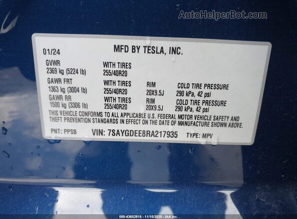 7SAYGDEE8RA217935 2024 TESLA MODEL Y Dark Blue Vista del compartimento del motor