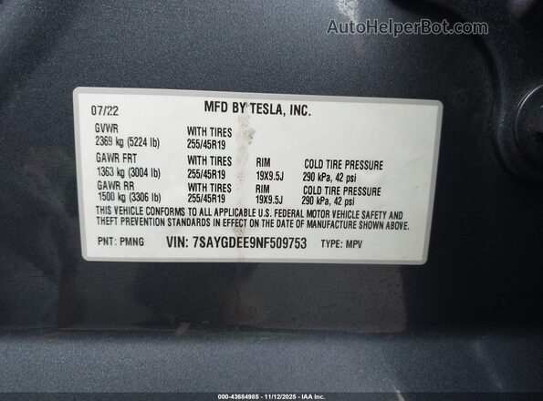 7SAYGDEE9NF509753 2022 TESLA MODEL Y Gray Engine compartment view