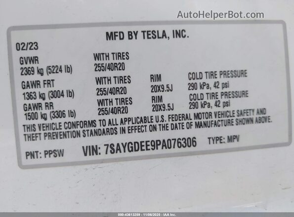 7SAYGDEE9PA076306 2023 TESLA MODEL Y White 