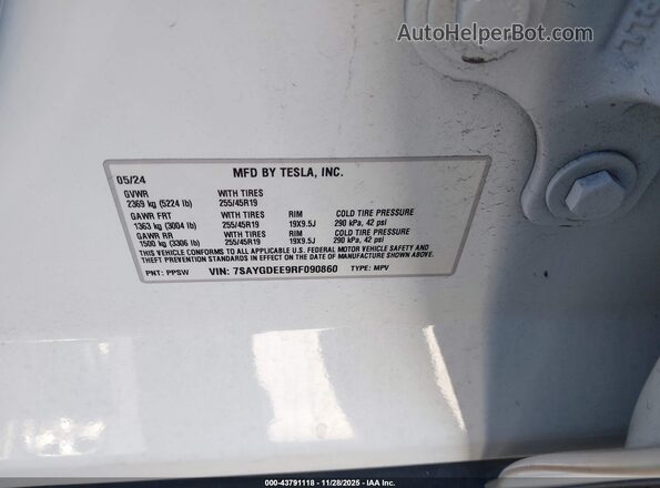 7SAYGDEE9RF090860 2024 TESLA MODEL Y White Շարժիչի բաժամունքի տեսք