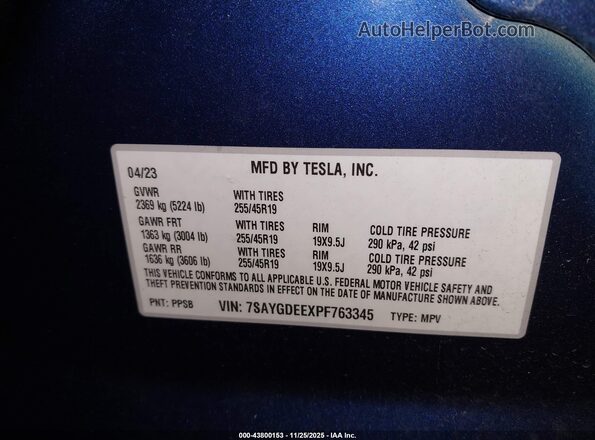 7SAYGDEEXPF763345 2023 TESLA MODEL Y Blue 