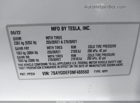 7SAYGDEF0NF488560 2022 TESLA MODEL Y White Widok komory silnika