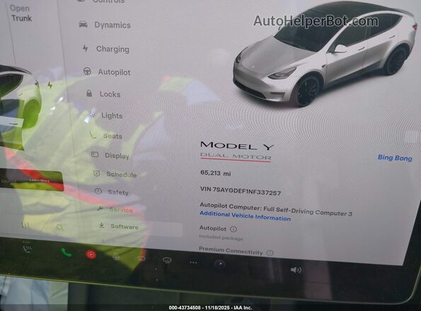 7SAYGDEF1NF337257 2022 TESLA MODEL Y White უკანა სავარძლების ხედი