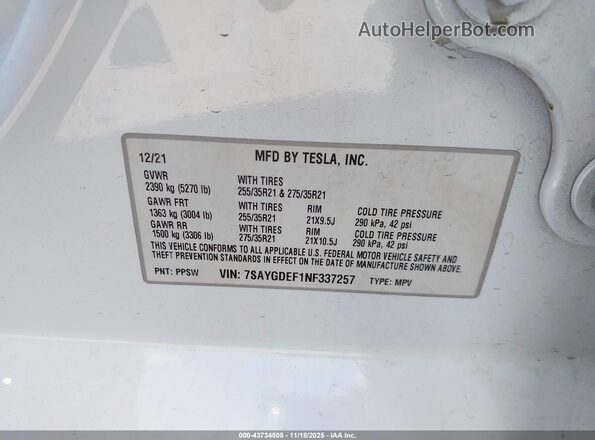 7SAYGDEF1NF337257 2022 TESLA MODEL Y White ძრავის განყოფილების ხედი