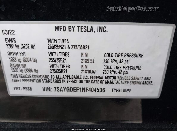7SAYGDEF1NF404536 2022 TESLA MODEL Y Black 