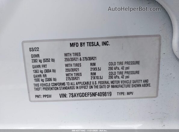 7SAYGDEF5NF409819 2022 TESLA MODEL Y White 
